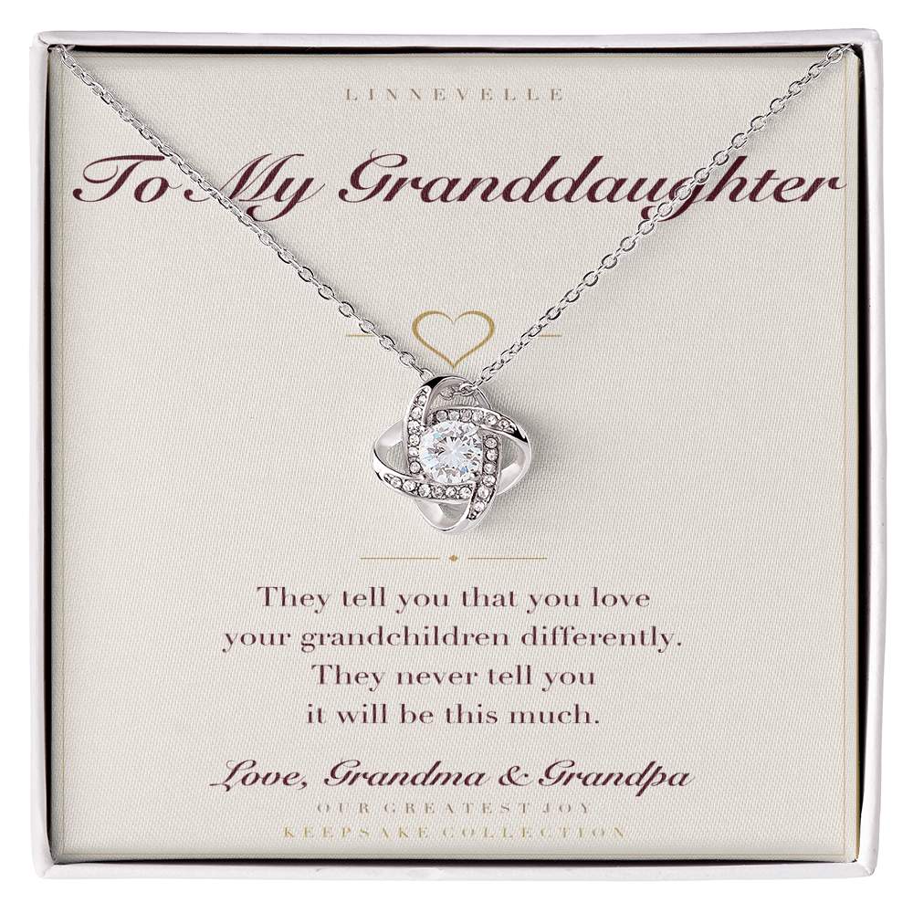 To My Granddaughter keepsake card and love knot necklace — 14K white gold finish