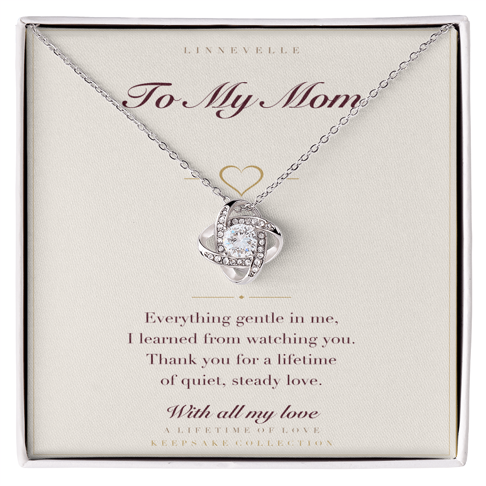 Keepsake card and love knot necklace — 14K white gold finish